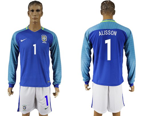 Brazil #1 Alisson Away Long Sleeves Soccer Country Jersey